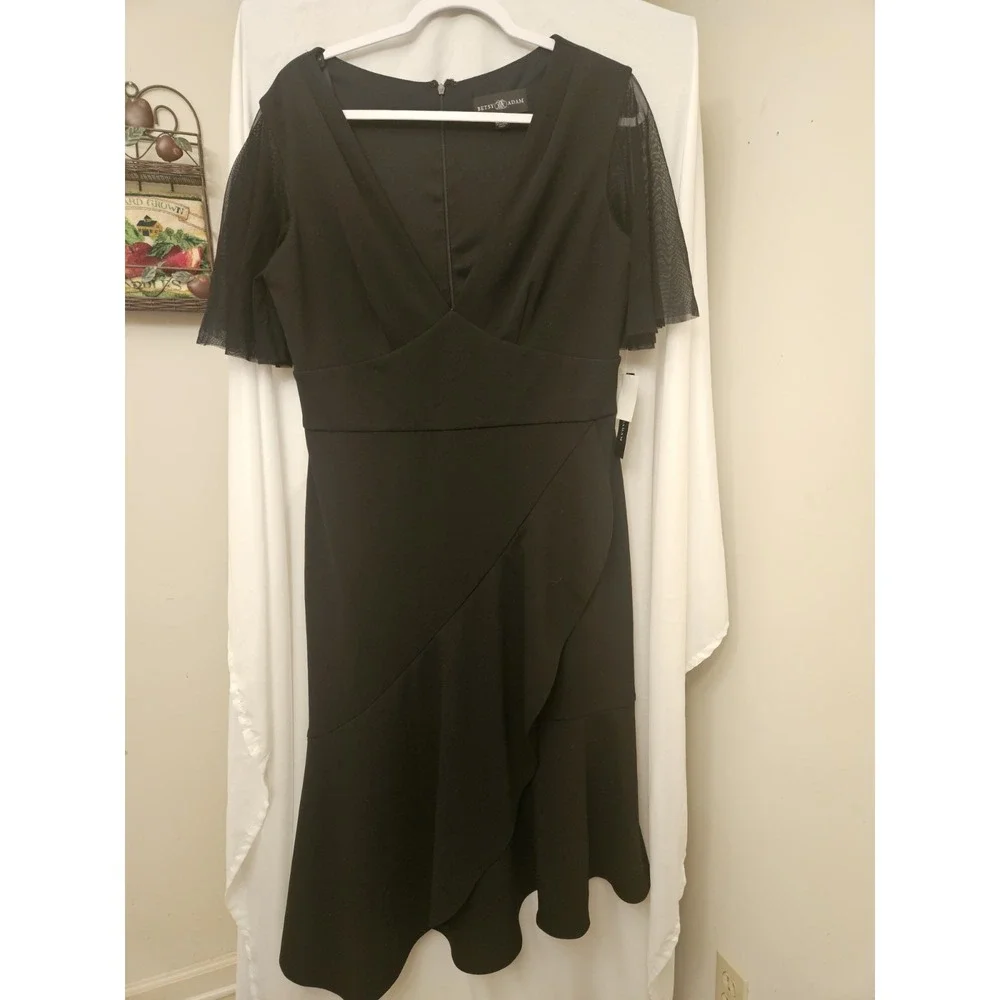 betsy and adam black ruffle dress Arielle" Scuba Crepe Ruffle Slit Dress